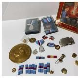 Cookie tin of medals and uniform pins Plus large