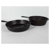Two cast iron skillets, both made in Taiwan, one
