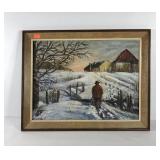 Painting on artist board, farm snow scene,