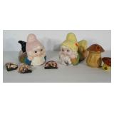 Ceramic Garden gnomes and ceramic mushroom decor.