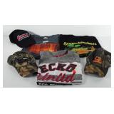 Three T-shirts and three advertising hats,