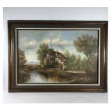 Stone cottage painting on canvas, signed M.