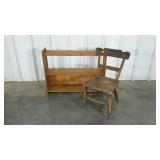 Bookcase and chair, paint splatter on chair, case