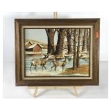 Painting on canvas, deer by the lake, signed H.