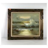 Painting on canvas, ocean scene, signed H.
