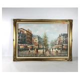 Painting on canvas, European street scene,