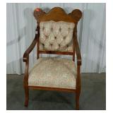 Tufted arm chair, floral upholstery,  carved