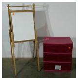 Easel/chalkboard and plastic storage drawers full