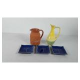 Two water pitchers and three dragon fly plates,