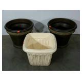 Large plastic planters, brown pair is 17" tall
