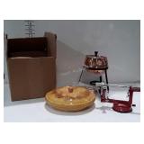 Ceramic apple pie plate, apple peeler, fondue pot