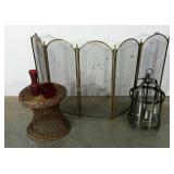 Five panel fireplace grate, wicker stand, ceiling