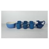 Blue kitchenwares, includes water pitcher, bowl,