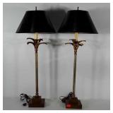 Pair of floral decorative brass lamps, 35" tall