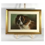 Saint Bernard dog chalk drawing, framed and
