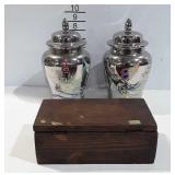 3 pieces: wooden box, 2 FOG covered urns