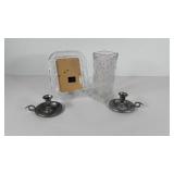 Crystal picture frame and vase, plus pewter