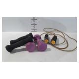 Two sets of hand weights and a jump rope