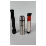 Mag Lite flashlight, emergency light and thermos