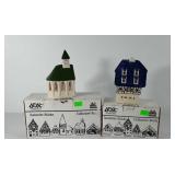 Two ceramic Leyk village houses with boxes,