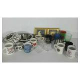 Dog bowl, bundt pan, mugs and two framed