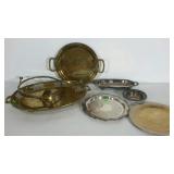 Group of trays, a bowl and a horn, silver plate
