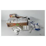 Wii group, console, cords, wheels, controllers,