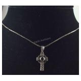 Sterling silver red stone cross necklace 18in