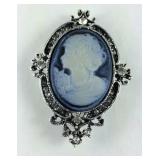 Cameo and Austrian crystal silvertone brooch