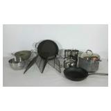 Cookware group, includes tea pot, colander, pots