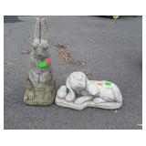 2 concrete yard ornaments dog and rabbit