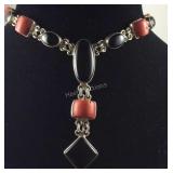 Sterling silver coral and onyx necklace 15in