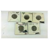 Buffalo Nickels, five, 1935, 1929S, 1934D, 1938D,