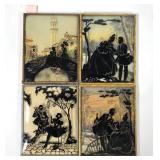 Four silhouettes,  reverse paint on convex glass,