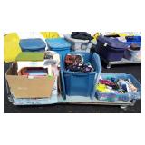 3 totes of dolls, toys, stuffed animals,