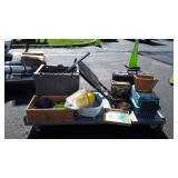 Skid lot of  TV stand, Foot Spa, mugs, indoor