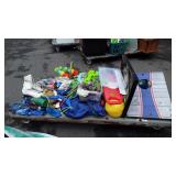 Skid lot of  games skates, dress bag, cornhole