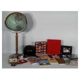Mixed lot: world globe on wooden stand (Has wear