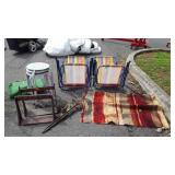 Group lot: shoe last,  beach chairs, 3 stools,
