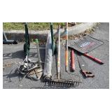 Tool Lot, saw, limb loppers, rakes, drill press