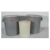 3 Rubbermaid buckets with lids. Two are 5 gallon