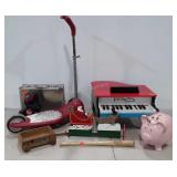 Toys, Radio Flyer scooter, play piano (missing
