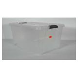 Storage tote with lid. Measures 21x15x10 inches.