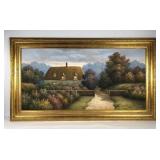 Thatched cottage painting on canvas, signed and