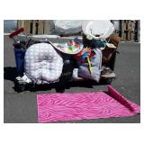 Skid of kids clothing and toys, books, rubber