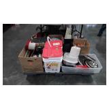 Skid of empty tidy cat containers,  kitchenware,