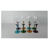 Eight wine glasses with colored stems, need