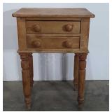Soft wood bedside two drawer table with turned