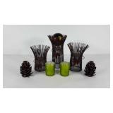 Candleholders, pinecone, glass votive and wire