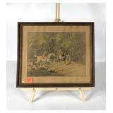 Early fox hunting print, " Throwing Off", framed